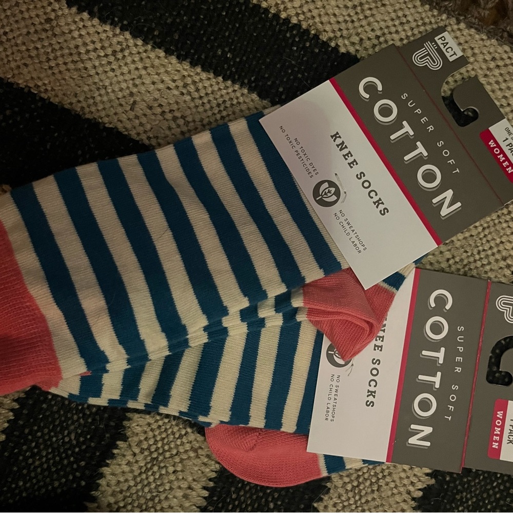 2 pairs PACT Blue and Pink Striped Knee Socks
